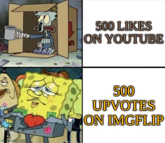Please enter title before posting! | 500 LIKES ON YOUTUBE; 500 UPVOTES ON IMGFLIP | image tagged in upvotes,youtube,imgflip | made w/ Imgflip meme maker