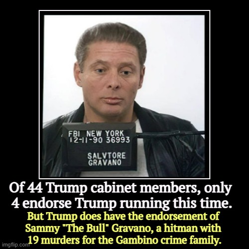 This ex-President has some friends. | Of 44 Trump cabinet members, only 
4 endorse Trump running this time. | But Trump does have the endorsement of 
Sammy "The Bull" Gravano, a  | image tagged in funny,demotivationals,trump,mafia,mob,hitman | made w/ Imgflip demotivational maker