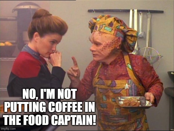 Janeway, Coffee Addict | NO, I'M NOT PUTTING COFFEE IN THE FOOD CAPTAIN! | image tagged in neelix star trek | made w/ Imgflip meme maker