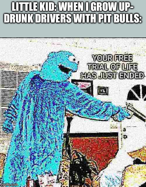 YOUR FREE TRIAL OF LIFE HAS JUST ENDED | LITTLE KID: WHEN I GROW UP-
DRUNK DRIVERS WITH PIT BULLS: | image tagged in your free trial of life has just ended | made w/ Imgflip meme maker
