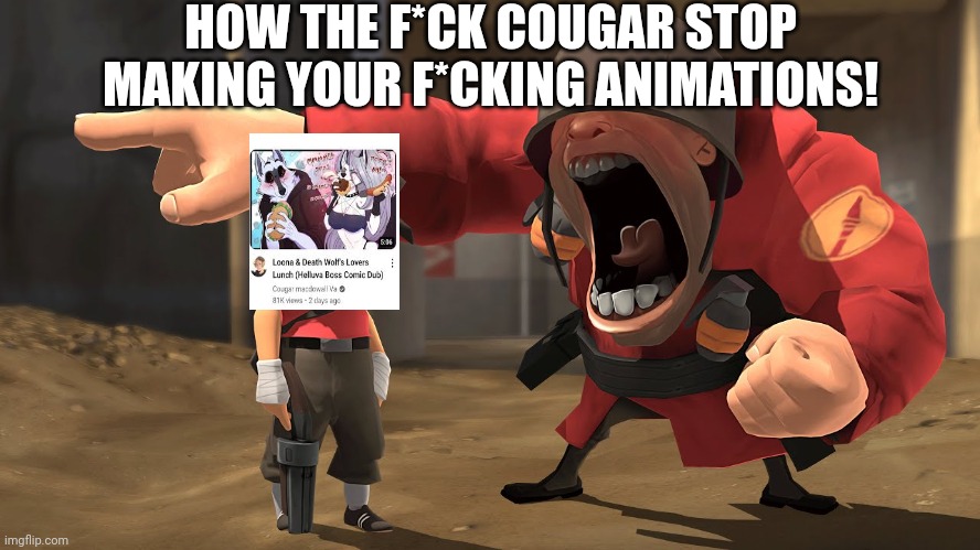 IM SORRY SOLDIER | HOW THE F*CK COUGAR STOP MAKING YOUR F*CKING ANIMATIONS! | image tagged in im sorry soldier | made w/ Imgflip meme maker