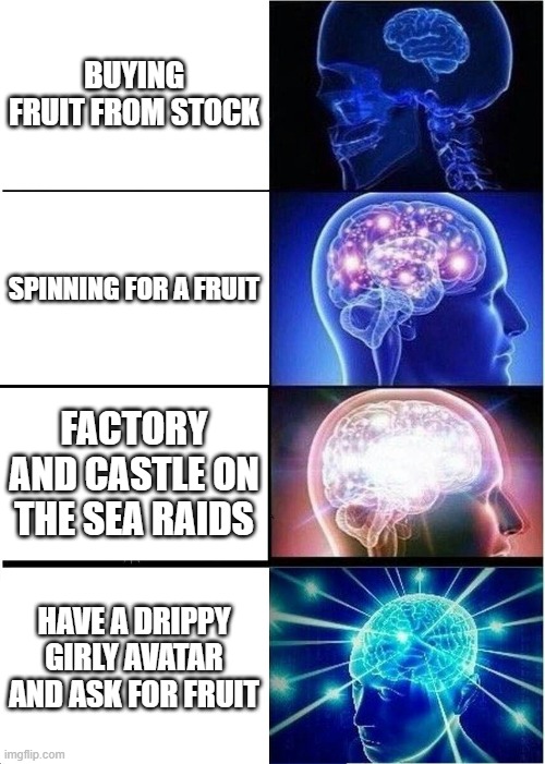 Expanding Brain Meme | BUYING FRUIT FROM STOCK; SPINNING FOR A FRUIT; FACTORY AND CASTLE ON THE SEA RAIDS; HAVE A DRIPPY GIRLY AVATAR AND ASK FOR FRUIT | image tagged in memes,expanding brain | made w/ Imgflip meme maker