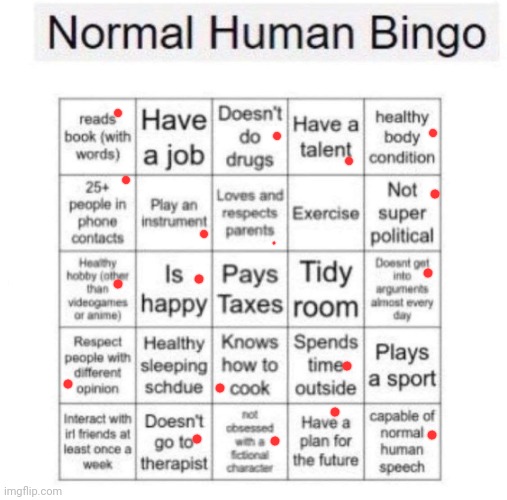 I think you can guess why there's a small dot on the parents one (they're annoying asf) | image tagged in normal human bingo | made w/ Imgflip meme maker