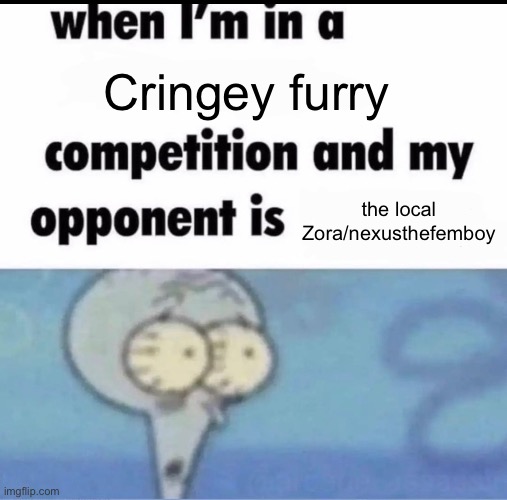 Me when I'm in a .... competition and my opponent is ..... | Cringey furry; the local Zora/nexusthefemboy | image tagged in me when i'm in a competition and my opponent is | made w/ Imgflip meme maker