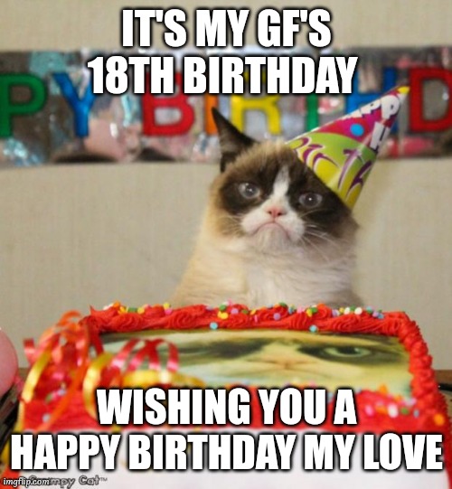 mj_forever | IT'S MY GF'S 18TH BIRTHDAY; WISHING YOU A HAPPY BIRTHDAY MY LOVE | image tagged in memes,grumpy cat birthday,grumpy cat | made w/ Imgflip meme maker