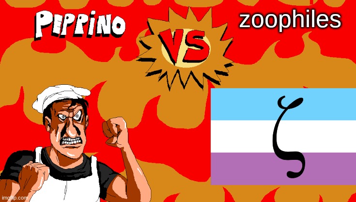 the fight we all are waiting for | zoophiles | image tagged in peppino vs blank | made w/ Imgflip meme maker