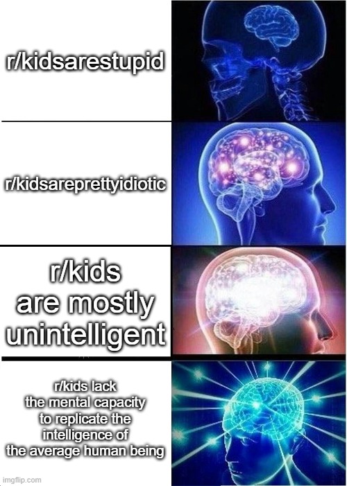 nice | r/kidsarestupid; r/kidsareprettyidiotic; r/kids are mostly unintelligent; r/kids lack the mental capacity to replicate the intelligence of the average human being | image tagged in memes,expanding brain,reddit | made w/ Imgflip meme maker