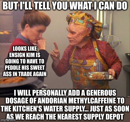 Neelix Star Trek | BUT I'LL TELL YOU WHAT I CAN DO I WILL PERSONALLY ADD A GENEROUS
DOSAGE OF ANDORIAN METHYLCAFFEINE TO
THE KITCHEN'S WATER SUPPLY... JUST AS  | image tagged in neelix star trek | made w/ Imgflip meme maker