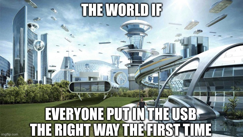 no this is the right way. no it isnt. this way doesnt work either | THE WORLD IF; EVERYONE PUT IN THE USB THE RIGHT WAY THE FIRST TIME | image tagged in the future world if,usb,cord,future,funny | made w/ Imgflip meme maker