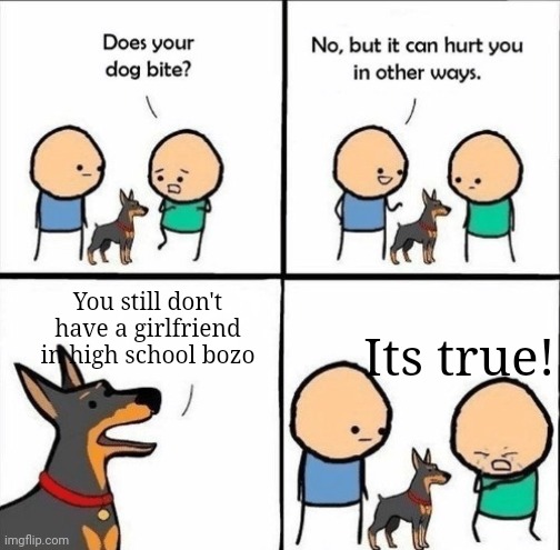 I dont... | Its true! You still don't have a girlfriend in high school bozo | image tagged in does your dog bite | made w/ Imgflip meme maker