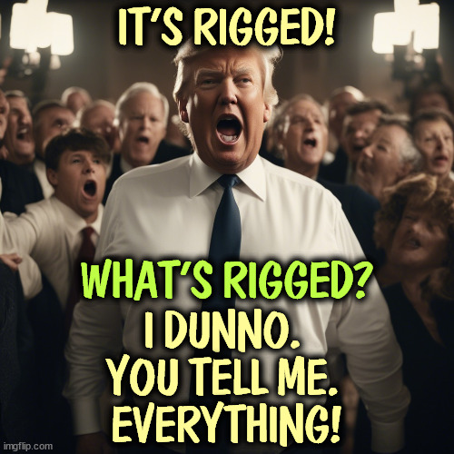 A limited vocabulary | IT'S RIGGED! WHAT'S RIGGED? I DUNNO. 
YOU TELL ME. 
EVERYTHING! | image tagged in trump,whining,election fraud,rigged elections,alibi | made w/ Imgflip meme maker