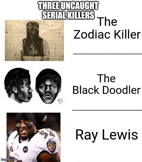 Three uncaught serial killers | The Zodiac Killer; THREE UNCAUGHT SERIAL KILLERS; The Black Doodler; Ray Lewis | image tagged in ray lewis,nfl memes | made w/ Imgflip meme maker