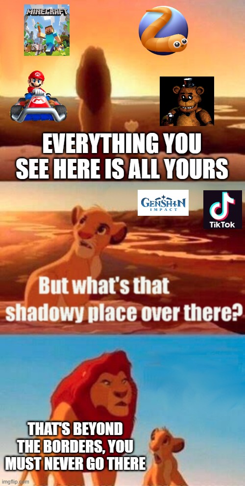 very beyond the borders | EVERYTHING YOU SEE HERE IS ALL YOURS; THAT'S BEYOND THE BORDERS, YOU MUST NEVER GO THERE | image tagged in memes,simba shadowy place | made w/ Imgflip meme maker