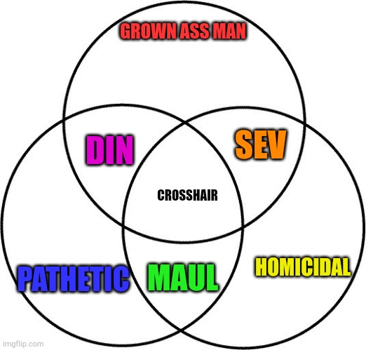 No context | GROWN ASS MAN; SEV; DIN; CROSSHAIR; PATHETIC; HOMICIDAL; MAUL | image tagged in venn diagram,based off a tumblr post about crosshair | made w/ Imgflip meme maker