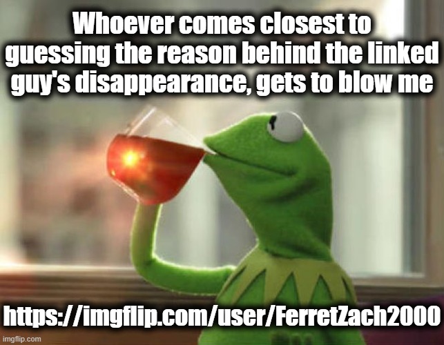 ^_^ | Whoever comes closest to guessing the reason behind the linked guy's disappearance, gets to blow me; https://imgflip.com/user/FerretZach2000 | made w/ Imgflip meme maker