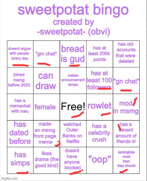 sweetpotat bingo! | image tagged in sweetpotat bingo | made w/ Imgflip meme maker
