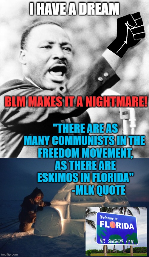 HAPPY Reverand MLK Jr. Day to ALL the BLM INUIT PEOPLE residing in FLORIDA | I HAVE A DREAM; BLM MAKES IT A NIGHTMARE! "THERE ARE AS MANY COMMUNISTS IN THE 
FREEDOM MOVEMENT,
AS THERE ARE ESKIMOS IN FLORIDA"
             -MLK QUOTE | image tagged in martin luther king jr,eskimo,blm,cultural marxism,civil rights,christianity | made w/ Imgflip meme maker