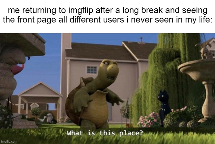 seriously, i got scared and thought i time traveled or something LOL | me returning to imgflip after a long break and seeing the front page all different users i never seen in my life: | image tagged in what is this place,imgflip,im back,memes,meanwhile on imgflip | made w/ Imgflip meme maker