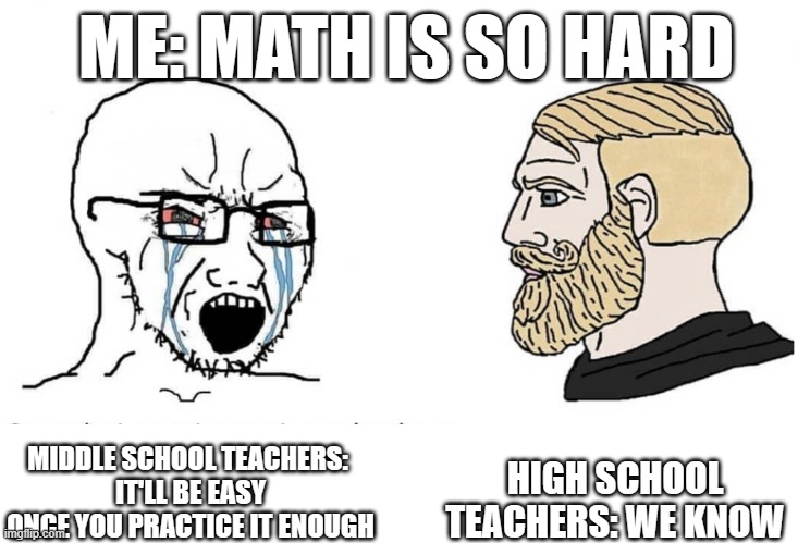 Soyboy Vs Yes Chad | ME: MATH IS SO HARD; HIGH SCHOOL TEACHERS: WE KNOW; MIDDLE SCHOOL TEACHERS: 
IT'LL BE EASY ONCE YOU PRACTICE IT ENOUGH | image tagged in soyboy vs yes chad | made w/ Imgflip meme maker