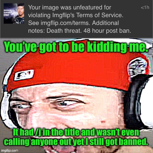 You’ve got to be kidding me. It had /j in the title and wasn’t even calling anyone out yet I still got banned. | image tagged in disgusted | made w/ Imgflip meme maker