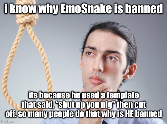 noose | i know why EmoSnake is banned; its because he used a template that said, “shut up you nig” then cut off. so many people do that why is HE banned | image tagged in noose | made w/ Imgflip meme maker