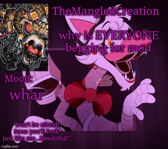 a | why is EVERYONE begging for mod; whar | image tagged in temp for themangledcreation by evan | made w/ Imgflip meme maker