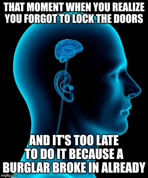When you realize there's a burglar and you can't do anything about it | THAT MOMENT WHEN YOU REALIZE YOU FORGOT TO LOCK THE DOORS; AND IT'S TOO LATE TO DO IT BECAUSE A BURGLAR BROKE IN ALREADY | image tagged in small brain | made w/ Imgflip meme maker