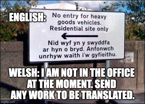 I am not in the office at the moment. Send any work to be translated. | ENGLISH:; WELSH: I AM NOT IN THE OFFICE 
AT THE MOMENT. SEND 
ANY WORK TO BE TRANSLATED. | image tagged in government,lazy,assumptions,welsh | made w/ Imgflip meme maker