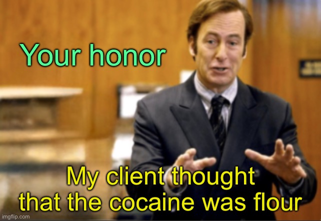 Saul Goodman defending | Your honor; My client thought that the cocaine was flour | image tagged in saul goodman defending | made w/ Imgflip meme maker