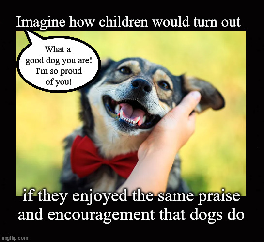 What a good dog you are! | Imagine how children would turn out; What a 
good dog you are!
I'm so proud
of you! if they enjoyed the same praise
and encouragement that dogs do | image tagged in praise,encouragement,dog training | made w/ Imgflip meme maker