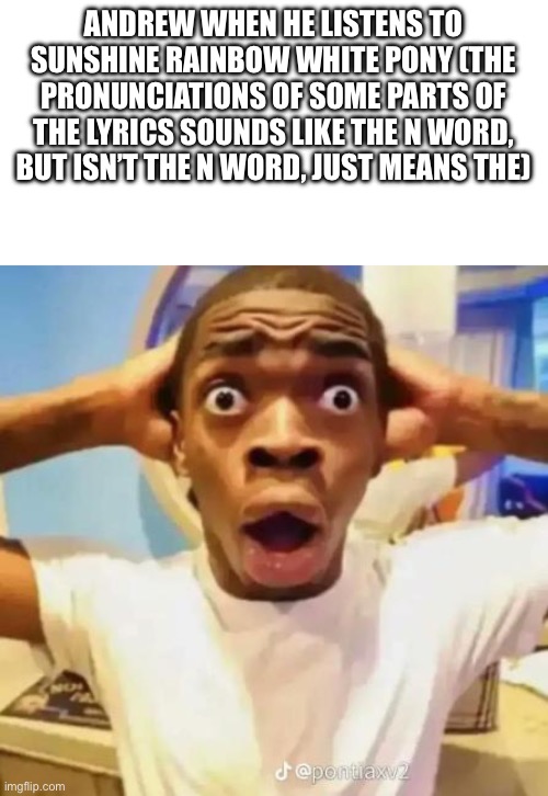 Surprised | ANDREW WHEN HE LISTENS TO SUNSHINE RAINBOW WHITE PONY (THE PRONUNCIATIONS OF SOME PARTS OF THE LYRICS SOUNDS LIKE THE N WORD, BUT ISN’T THE N WORD, JUST MEANS THE) | image tagged in surprised | made w/ Imgflip meme maker