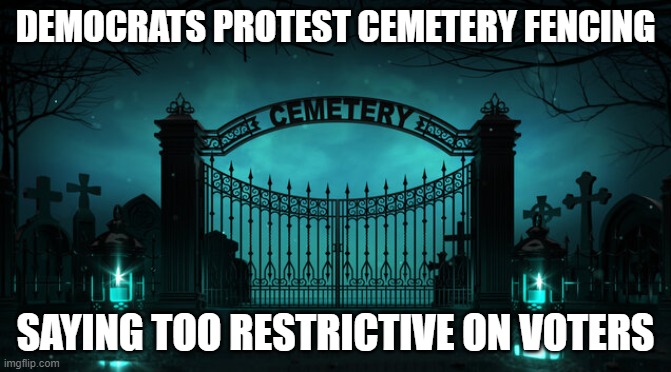 Voter Restrictions | DEMOCRATS PROTEST CEMETERY FENCING; SAYING TOO RESTRICTIVE ON VOTERS | image tagged in cemetery,voters,democrats,i see dead people,voter fraud,the walking dead | made w/ Imgflip meme maker