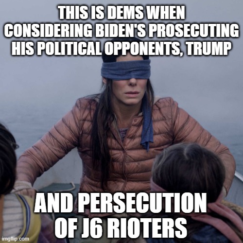Bird Box Meme | THIS IS DEMS WHEN CONSIDERING BIDEN'S PROSECUTING HIS POLITICAL OPPONENTS, TRUMP AND PERSECUTION OF J6 RIOTERS | image tagged in memes,bird box | made w/ Imgflip meme maker