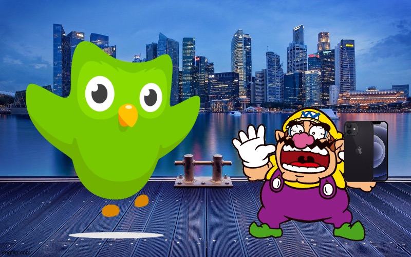 Wario dies by forgetting his Spanish lessons | image tagged in city background,wario dies,duolingo bird | made w/ Imgflip meme maker