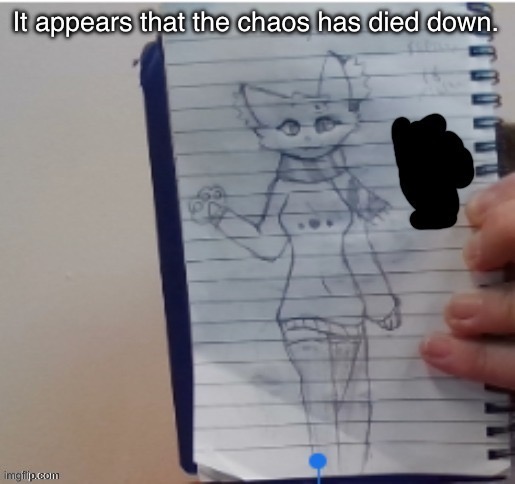 Scarf (drawn by Scarf and one of her irl friends) | It appears that the chaos has died down. | image tagged in scarf drawn by scarf and one of her irl friends | made w/ Imgflip meme maker