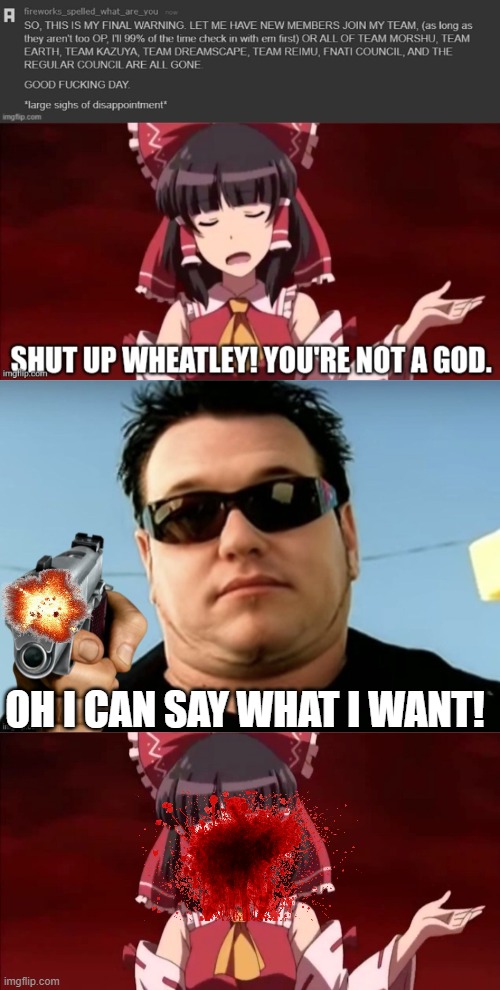 Steve kills Reimu | OH I CAN SAY WHAT I WANT! | image tagged in steve with gun,exterminate | made w/ Imgflip meme maker