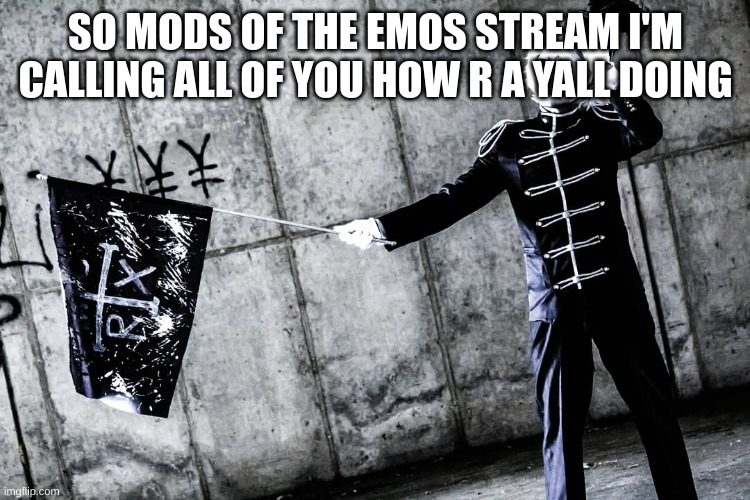 So mods of Emos stream how r y'all doing | SO MODS OF THE EMOS STREAM I'M CALLING ALL OF YOU HOW R A YALL DOING | image tagged in memes,lol,memers,emo,emos,the black parade | made w/ Imgflip meme maker