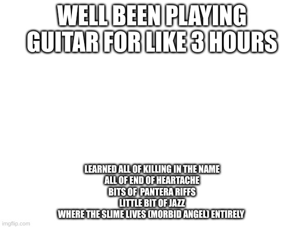 WELL BEEN PLAYING GUITAR FOR LIKE 3 HOURS; LEARNED ALL OF KILLING IN THE NAME
ALL OF END OF HEARTACHE
BITS OF  PANTERA RIFFS
LITTLE BIT OF JAZZ
WHERE THE SLIME LIVES (MORBID ANGEL) ENTIRELY | made w/ Imgflip meme maker