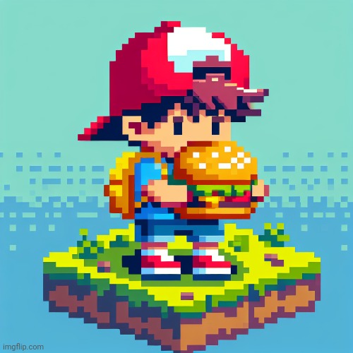 I put in "ness from Earthbound eating a hamburger" | made w/ Imgflip meme maker