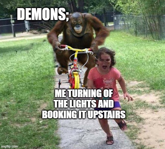 Run! | DEMONS;; ME TURNING OF THE LIGHTS AND BOOKING IT UPSTAIRS | image tagged in run | made w/ Imgflip meme maker