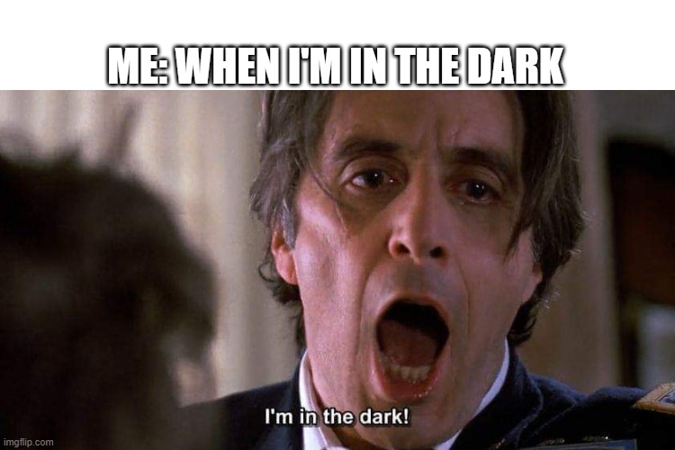 Me: When I'm in the dark | ME: WHEN I'M IN THE DARK | image tagged in al pacino,scent of a woman,funny | made w/ Imgflip meme maker