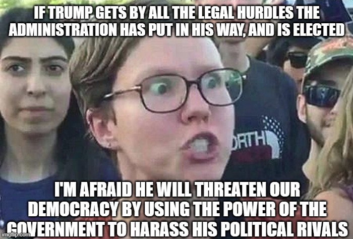 Triggered Liberal | IF TRUMP GETS BY ALL THE LEGAL HURDLES THE ADMINISTRATION HAS PUT IN HIS WAY, AND IS ELECTED; I'M AFRAID HE WILL THREATEN OUR DEMOCRACY BY USING THE POWER OF THE GOVERNMENT TO HARASS HIS POLITICAL RIVALS | image tagged in triggered liberal | made w/ Imgflip meme maker