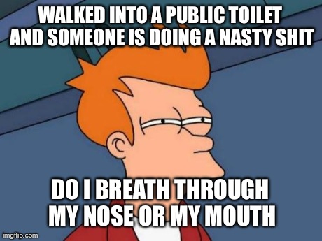Futurama Fry | WALKED INTO A PUBLIC TOILET AND SOMEONE IS DOING A NASTY SHIT DO I BREATH THROUGH MY NOSE OR MY MOUTH | image tagged in memes,futurama fry,AdviceAnimals | made w/ Imgflip meme maker