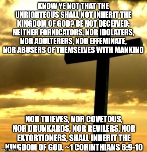 Cross | KNOW YE NOT THAT THE UNRIGHTEOUS SHALL NOT INHERIT THE KINGDOM OF GOD? BE NOT DECEIVED: NEITHER FORNICATORS, NOR IDOLATERS, NOR ADULTERERS, NOR EFFEMINATE, NOR ABUSERS OF THEMSELVES WITH MANKIND; NOR THIEVES, NOR COVETOUS, NOR DRUNKARDS, NOR REVILERS, NOR EXTORTIONERS, SHALL INHERIT THE KINGDOM OF GOD. ~1 CORINTHIANS 6:9-10 | image tagged in cross | made w/ Imgflip meme maker