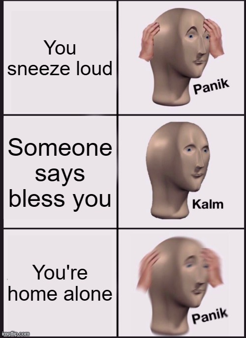 Panik Kalm Panik | You sneeze loud; Someone says bless you; You're home alone | image tagged in memes,panik kalm panik | made w/ Imgflip meme maker