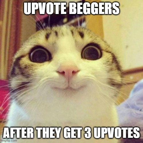 Smiling Cat | UPVOTE BEGGERS; AFTER THEY GET 3 UPVOTES | image tagged in memes,smiling cat | made w/ Imgflip meme maker