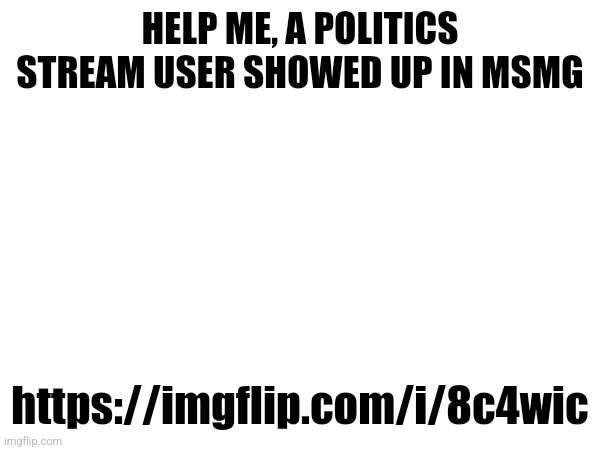 HELP ME, A POLITICS STREAM USER SHOWED UP IN MSMG; https://imgflip.com/i/8c4wic | made w/ Imgflip meme maker