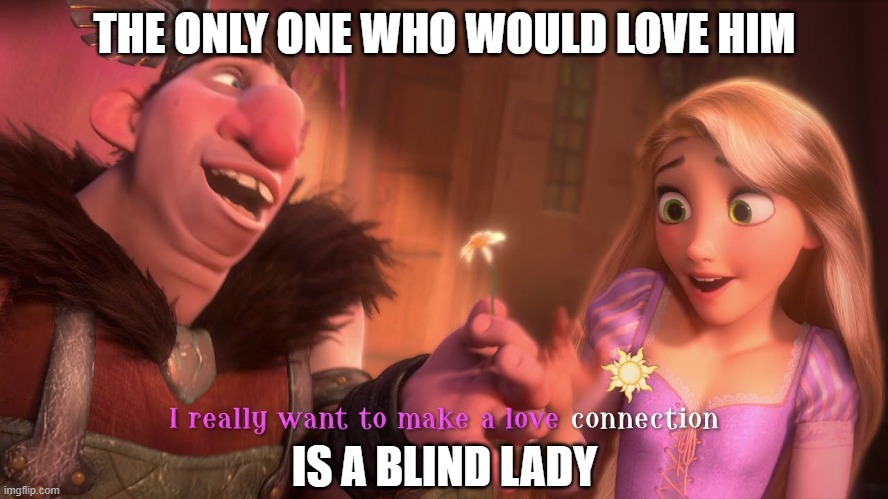 "love connection" meme LOL | THE ONLY ONE WHO WOULD LOVE HIM; IS A BLIND LADY | image tagged in hilarious love connection meme | made w/ Imgflip meme maker