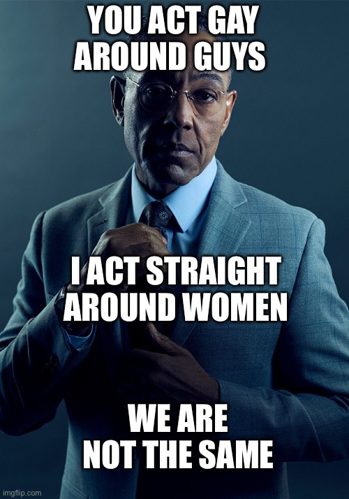 Gus Fring we are not the same | YOU ACT GAY AROUND GUYS; I ACT STRAIGHT AROUND WOMEN; WE ARE NOT THE SAME | image tagged in gus fring we are not the same | made w/ Imgflip meme maker