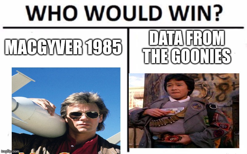 Who Would Win? | MACGYVER 1985; DATA FROM THE GOONIES | image tagged in memes,who would win | made w/ Imgflip meme maker